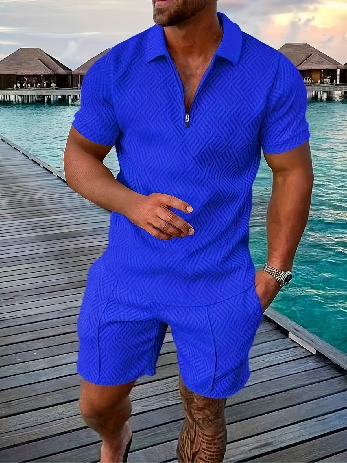 Pánský strukturovaný set polo trička na krátký zip a šortek