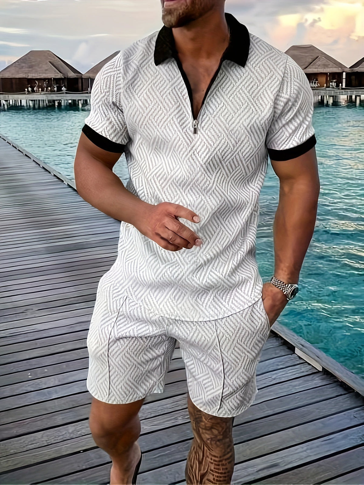 Pánský strukturovaný set polo trička na krátký zip a šortek