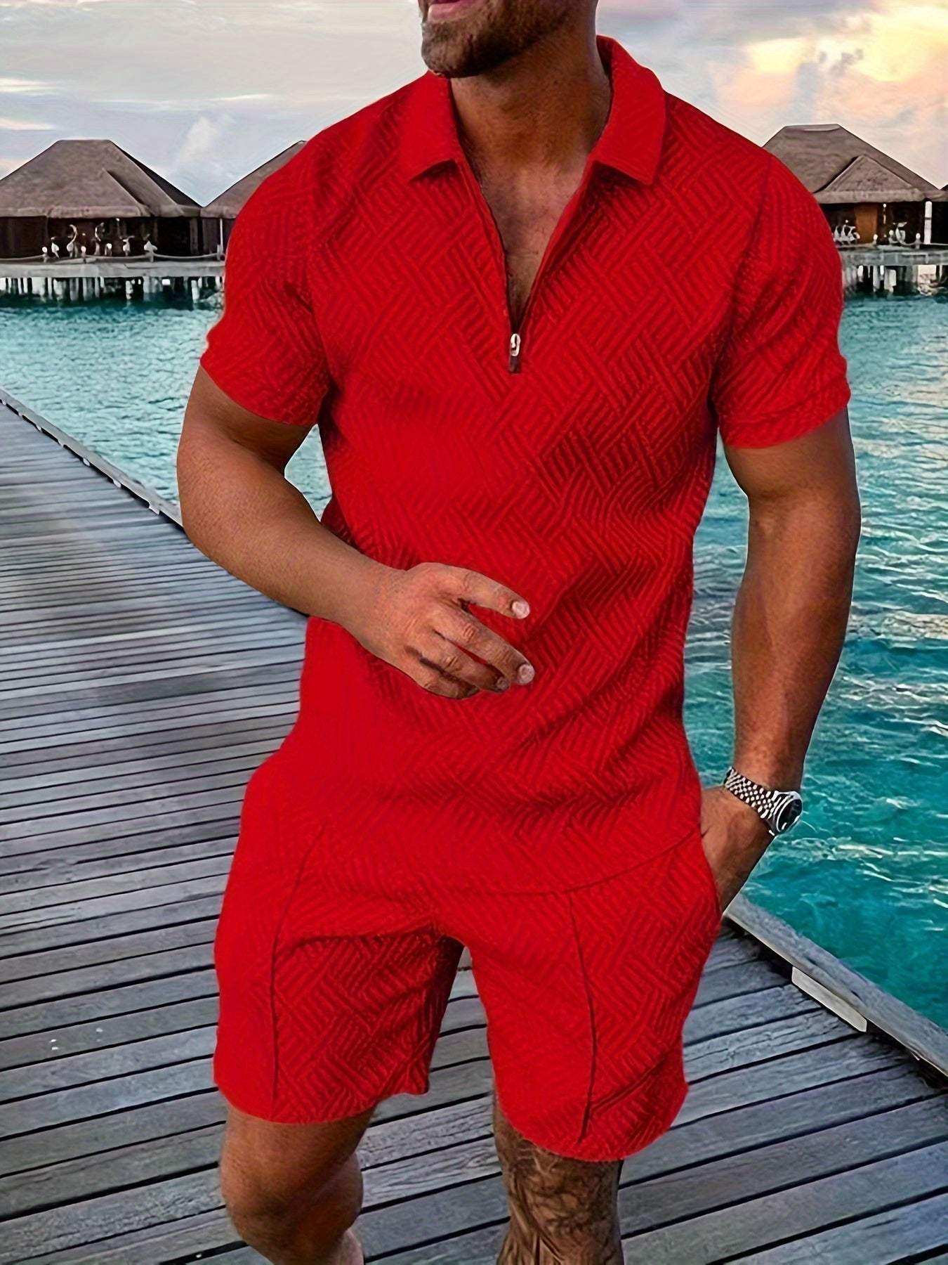 Pánský strukturovaný set polo trička na krátký zip a šortek