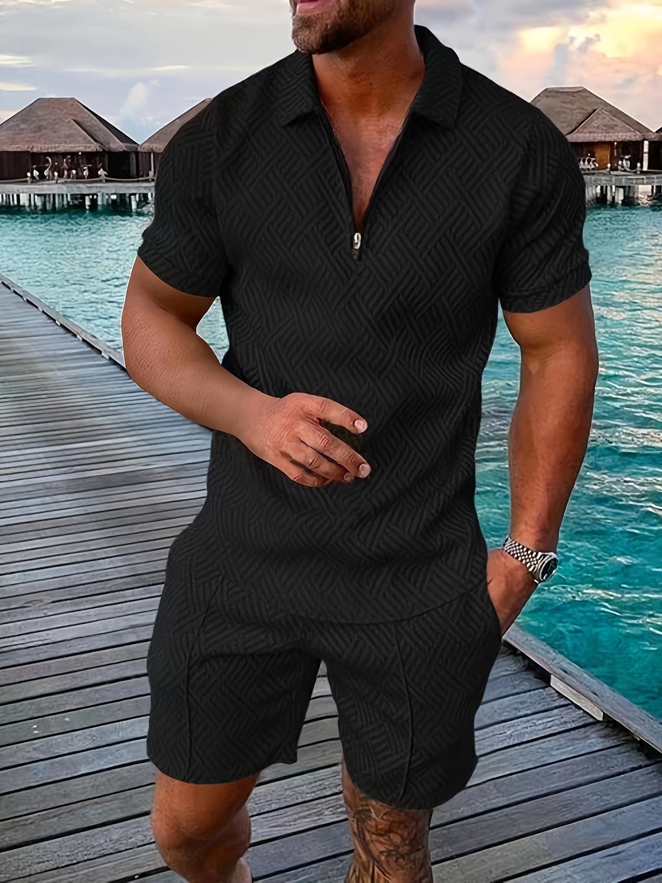 Pánský strukturovaný set polo trička na krátký zip a šortek