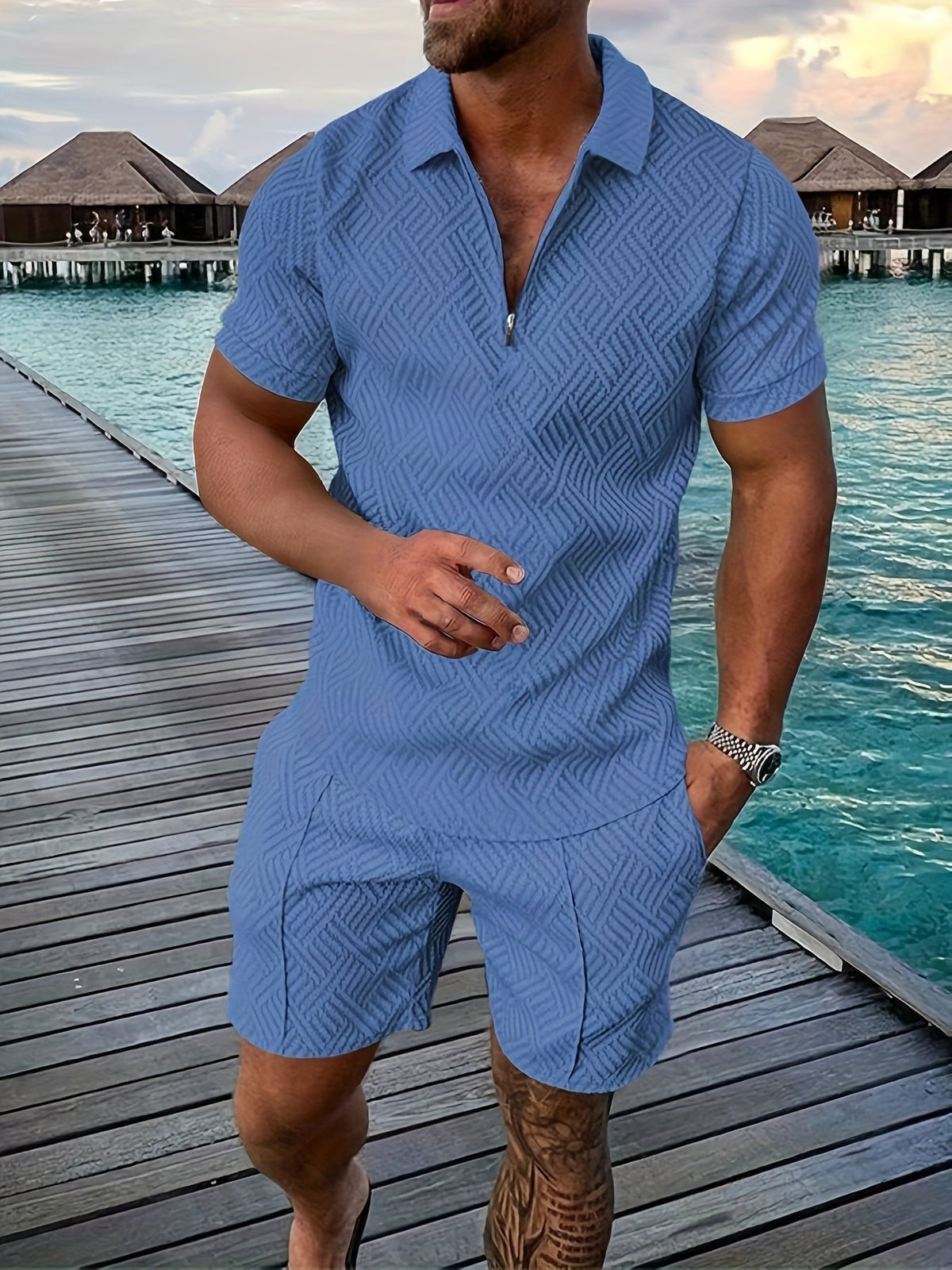 Pánský strukturovaný set polo trička na krátký zip a šortek