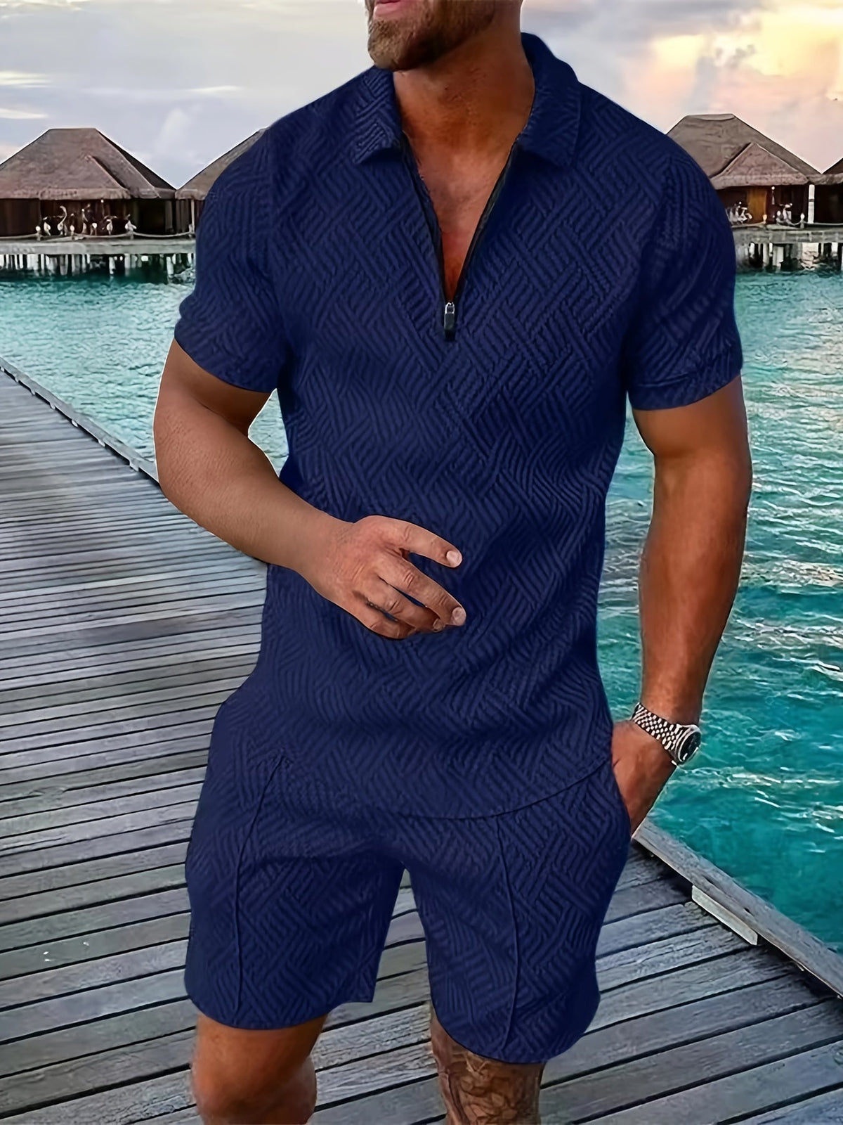 Pánský strukturovaný set polo trička na krátký zip a šortek