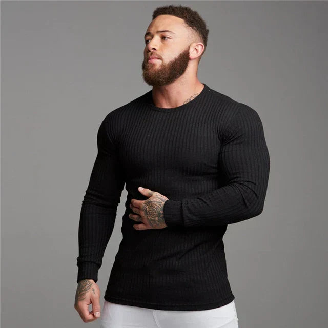 Pánský žebrovaný svetr slim-fit s kulatým výstřihem