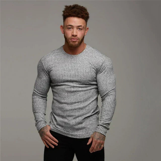 Pánský žebrovaný svetr slim-fit s kulatým výstřihem
