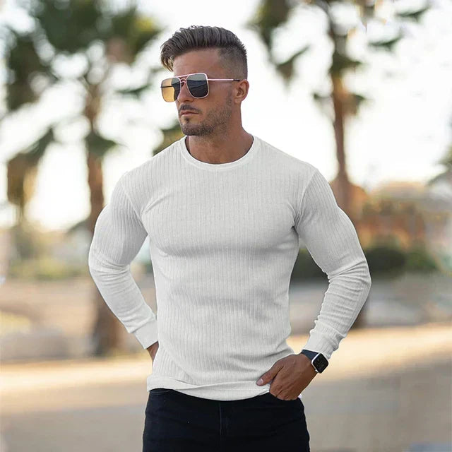 Pánský žebrovaný svetr slim-fit s kulatým výstřihem