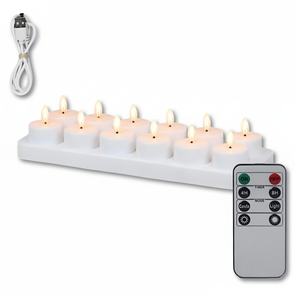 Sada bezplamenných LED svíček s dálkovým ovládáním a časovačem, dobíjecí přes USB