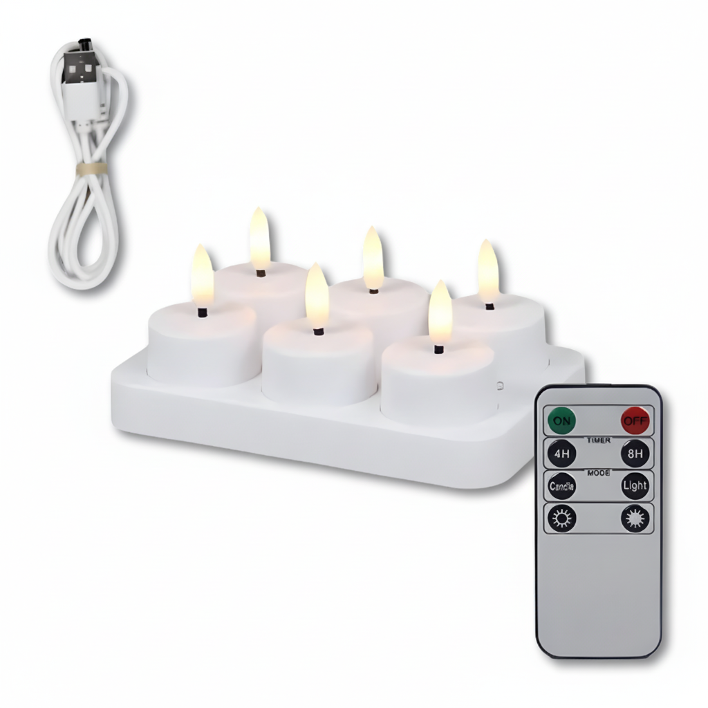 Sada bezplamenných LED svíček s dálkovým ovládáním a časovačem, dobíjecí přes USB