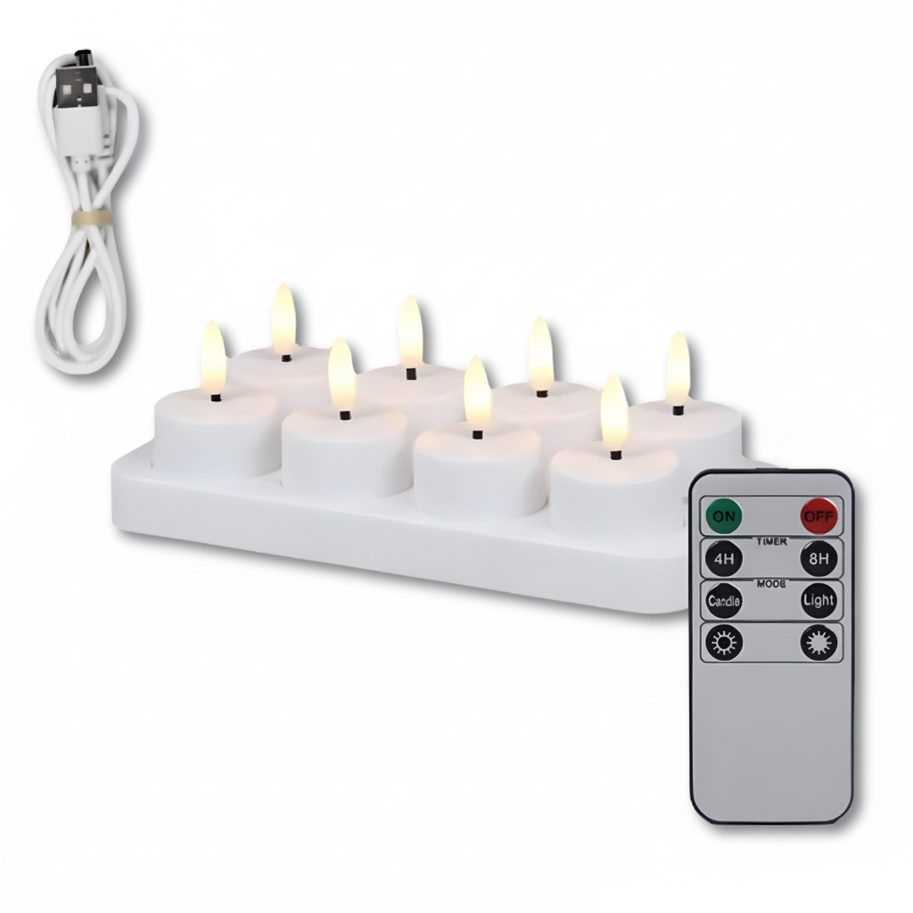 Sada bezplamenných LED svíček s dálkovým ovládáním a časovačem, dobíjecí přes USB