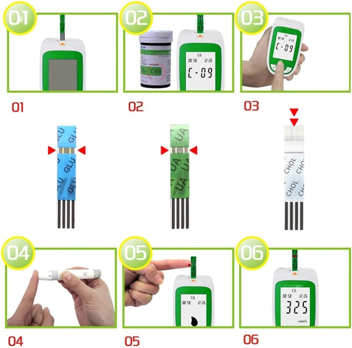 Sada přístroje na měření cholesterolu a cukru v krvi pro domácí použití, multifunkční měřič, kompaktní a snadno použitelný