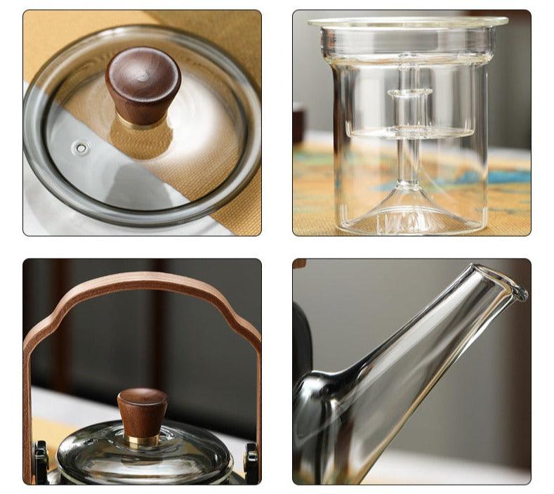 Skleněná čajová konvice s dřevěným víčkem a filtrem – 1,2 l, kouřové sklo a dřevo pro elegantní podávání čaje