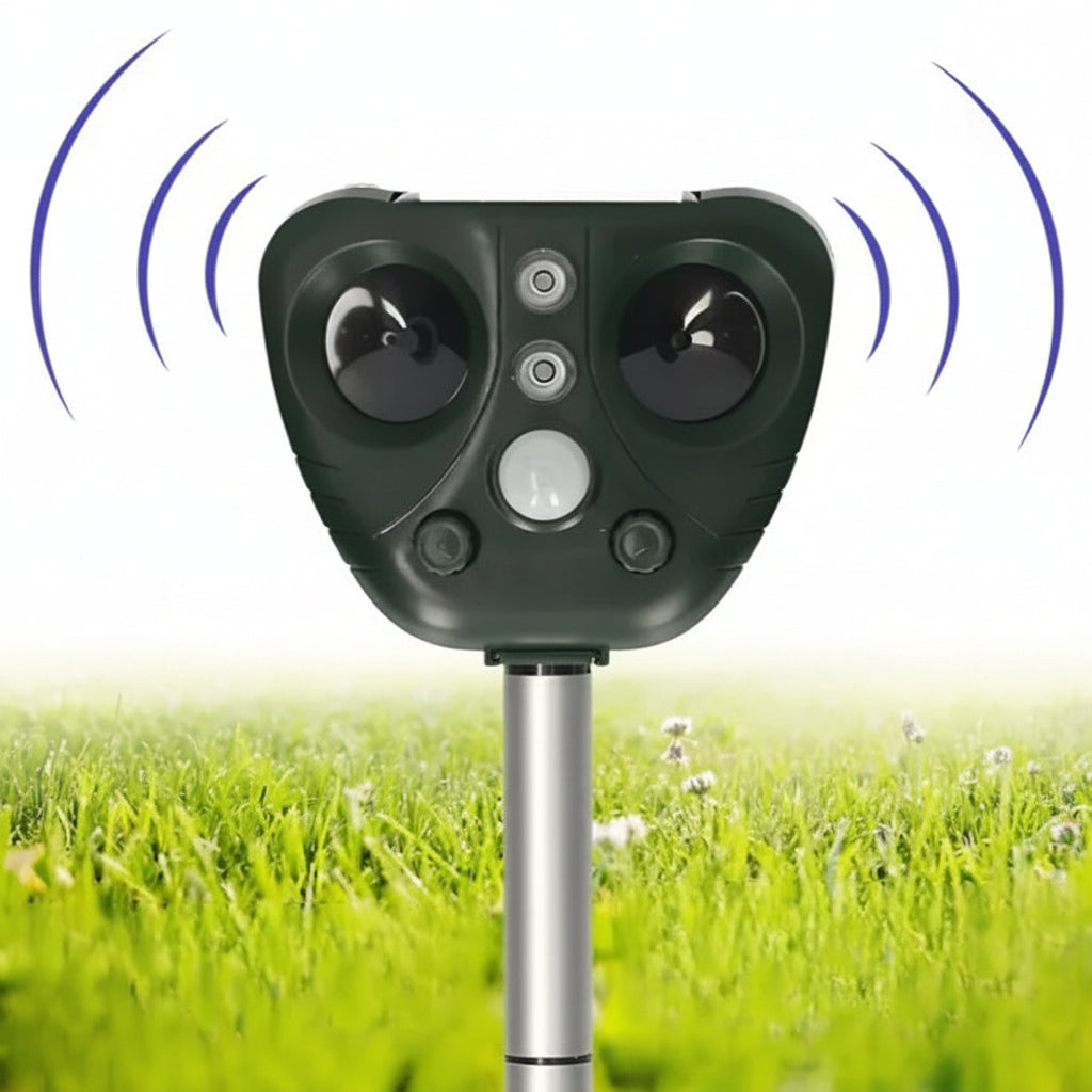 Solární ultrazvukový odpuzovač zvířat na zahradu s 5 režimy a dosahem 9 metrů, 13,5–45,5 kHz