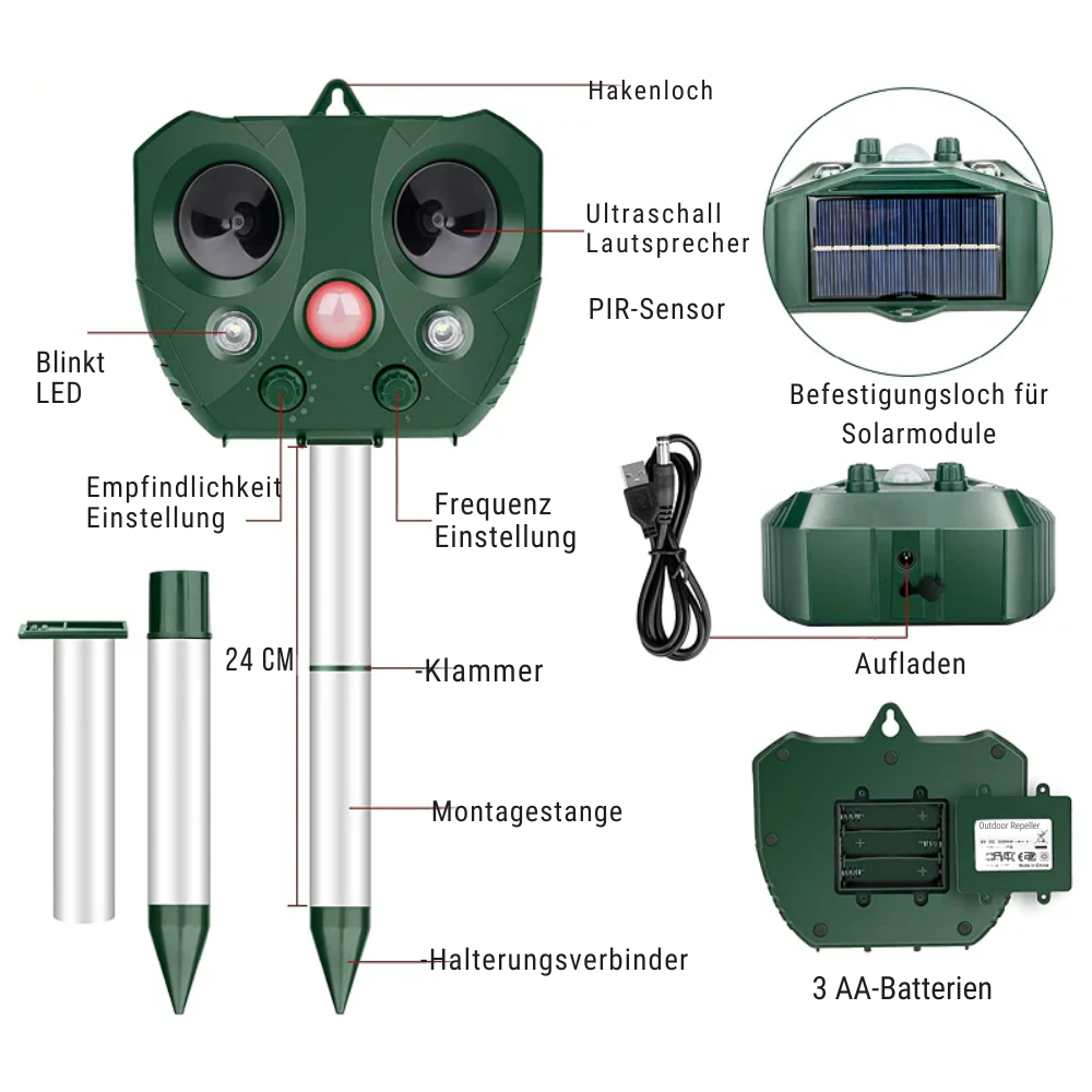 Solární ultrazvukový odpuzovač zvířat na zahradu s 5 režimy a dosahem 9 metrů, 13,5–45,5 kHz