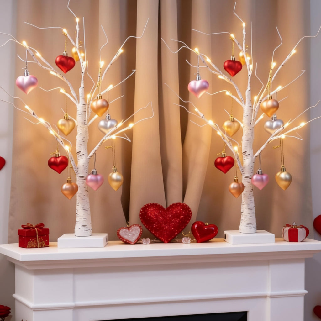 Stolní LED lampa ve tvaru břízy se srdíčky – valentýnská bytová dekorace