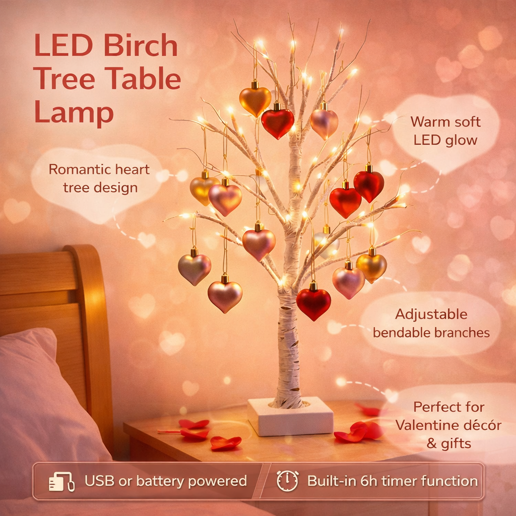 Stolní LED lampa ve tvaru břízy se srdíčky – valentýnská bytová dekorace