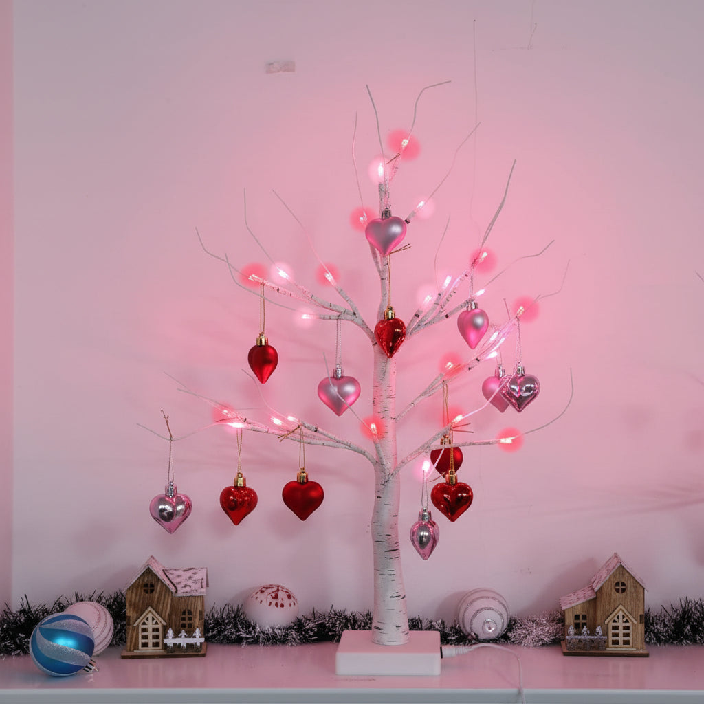 Stolní LED lampa ve tvaru břízy se srdíčky – valentýnská bytová dekorace