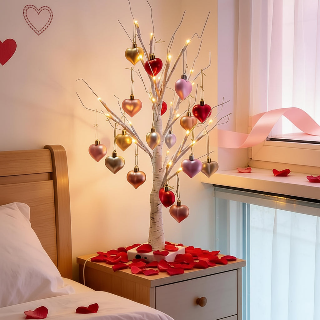 Stolní LED lampa ve tvaru břízy se srdíčky – valentýnská bytová dekorace