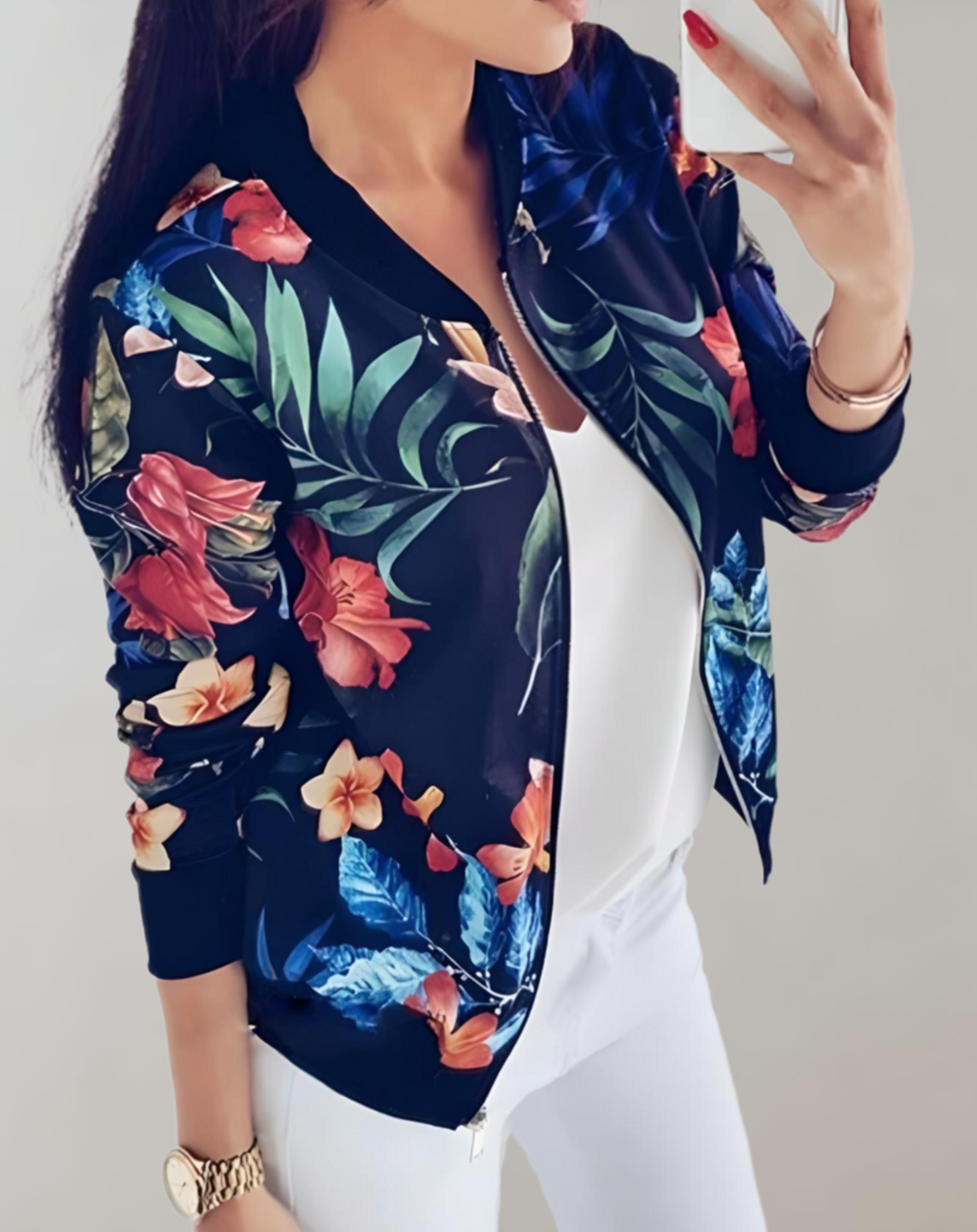Stylová dámská bunda bomber s květinovým vzorem