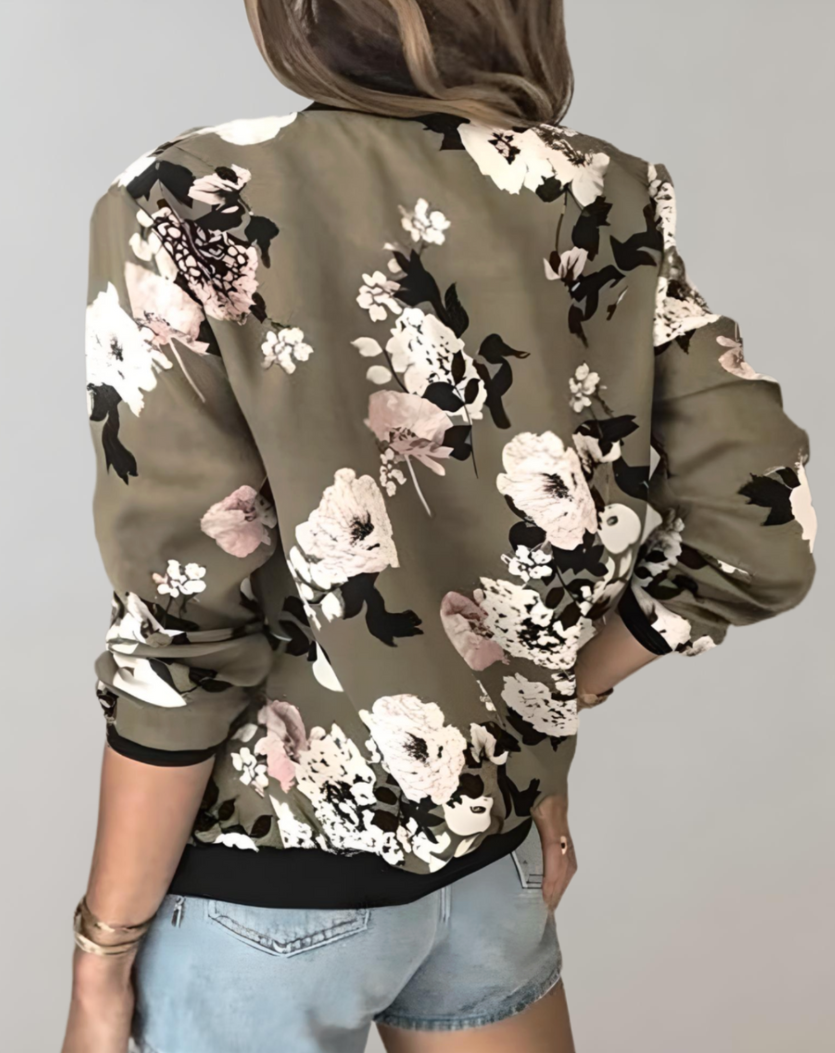 Stylová dámská bunda bomber s květinovým vzorem