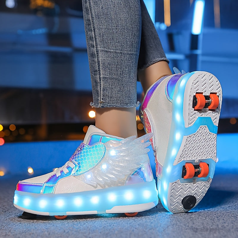Svítící tenisky s kolečky a křídly – dobíjecí přes USB pro dívky a teenagery