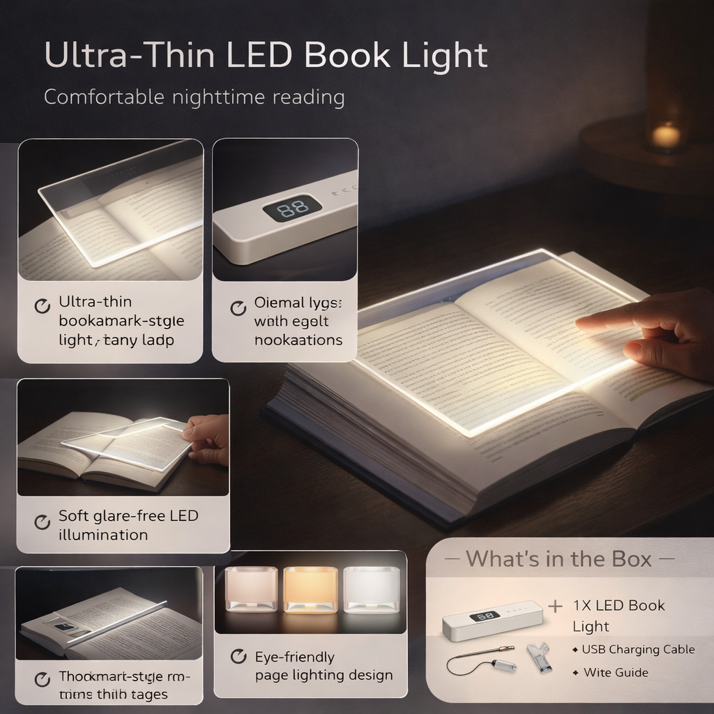 Ultratenká LED lampička na čtení knihy, dobíjecí přes USB