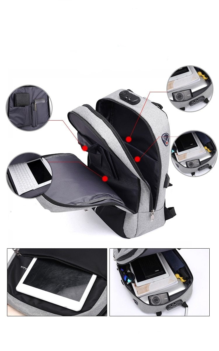 Unisex batoh na notebook proti krádeži s USB nabíjením a skrytými zipy