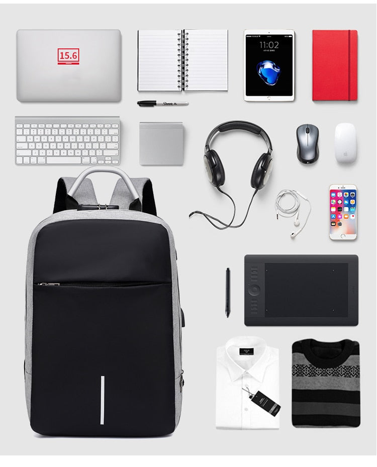 Unisex batoh na notebook proti krádeži s USB nabíjením a skrytými zipy