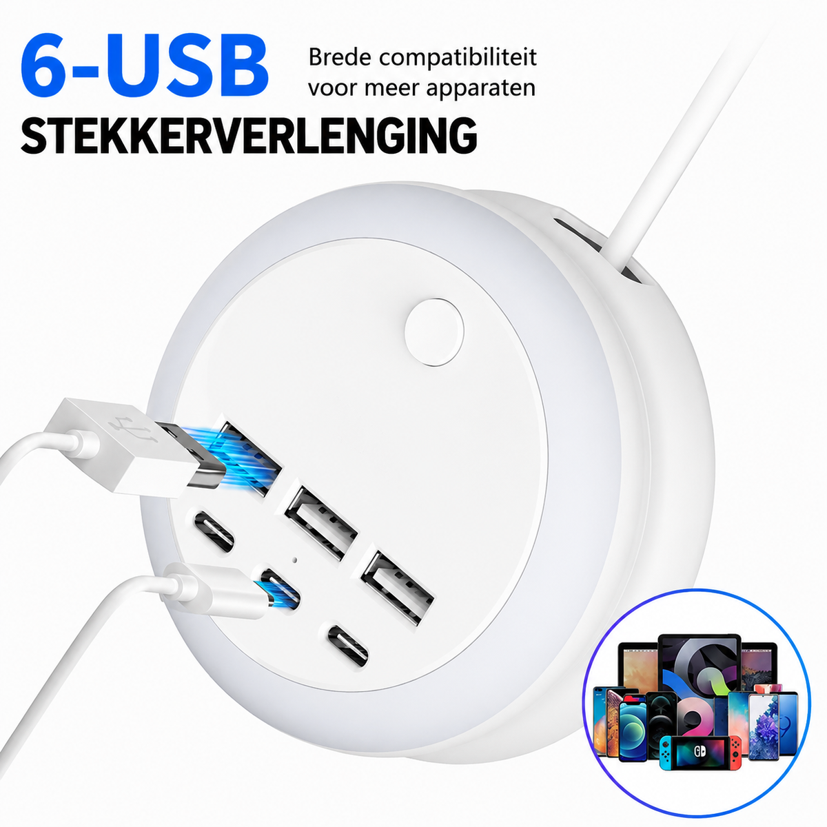 USB nabíjecí stanice 7v1 s navíjecím kabelem a 8barevným atmosférickým osvětlením