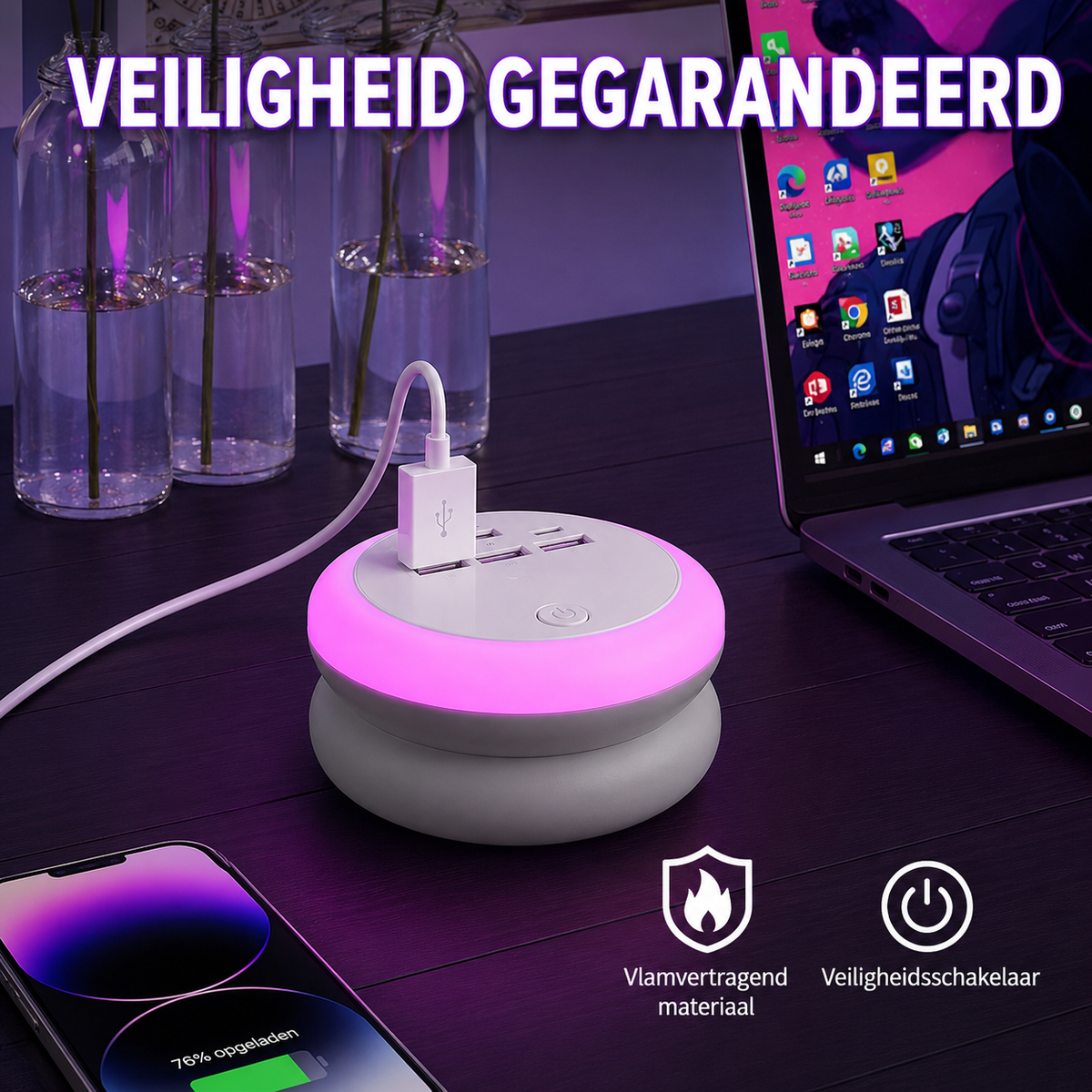 USB nabíjecí stanice 7v1 s navíjecím kabelem a 8barevným atmosférickým osvětlením