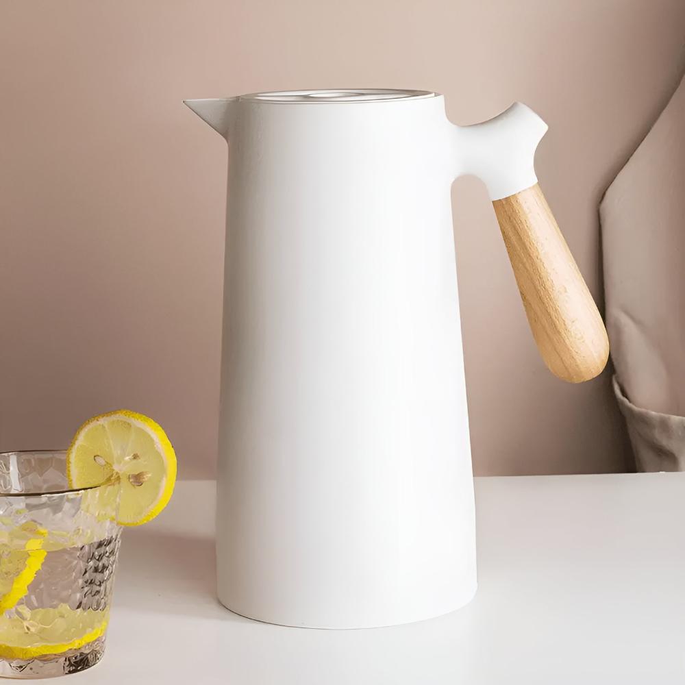 Vakuově izolovaná termokonvice s dřevěnou rukojetí, dvoustěnná, s tlačítkem, 1 l