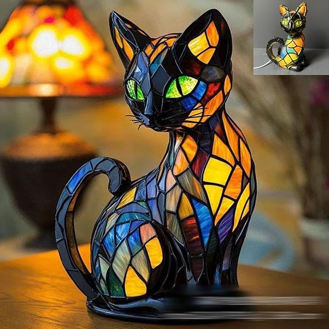 Vitrážová stolní lampa ve tvaru kočky s LED osvětlením