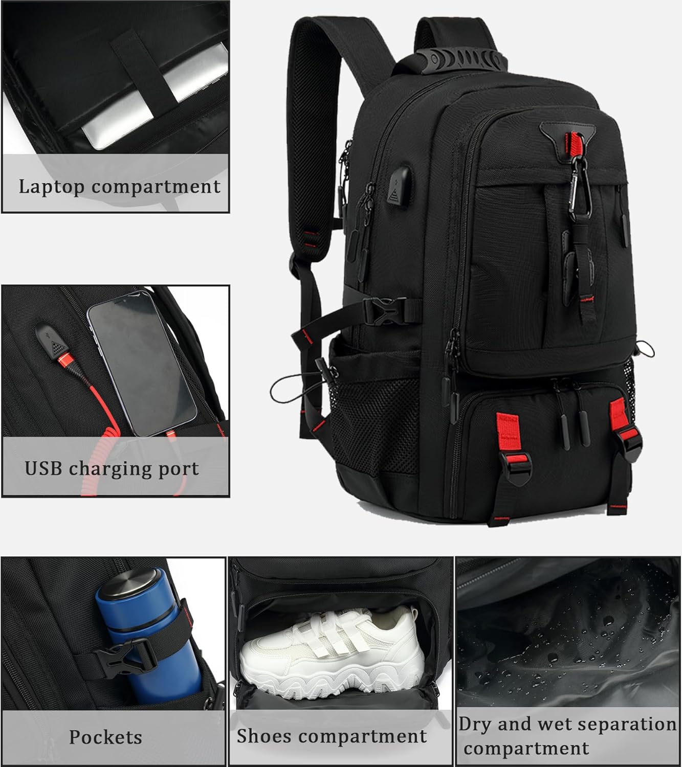 Vodotěsný cestovní batoh na notebook 60 l s USB portem a přihrádkou na boty