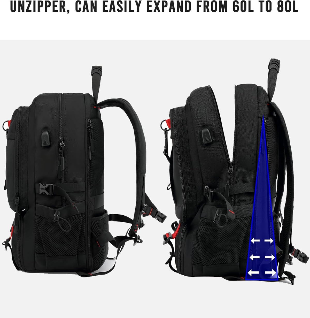 Vodotěsný cestovní batoh na notebook 60 l s USB portem a přihrádkou na boty